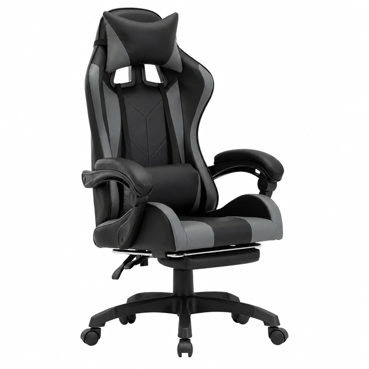Sedia da Gaming Ergonomica in Similpelle, Grigio Nero, Altezza Regolabile, Girevole con Poggiapiedi e Cuscini di Supporto, Ideale per Ufficio e Casa