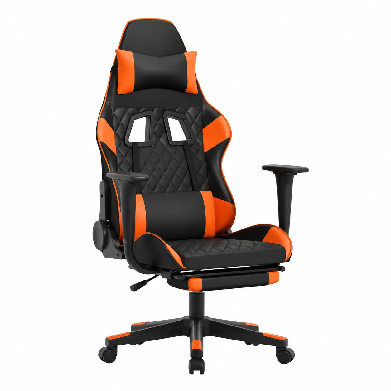 Sedia da Gaming con Massaggio e Poggiapiedi, Similpelle Nero e Arancione, Schienale Reclinabile, Altezza Regolabile, Girevole a 360°