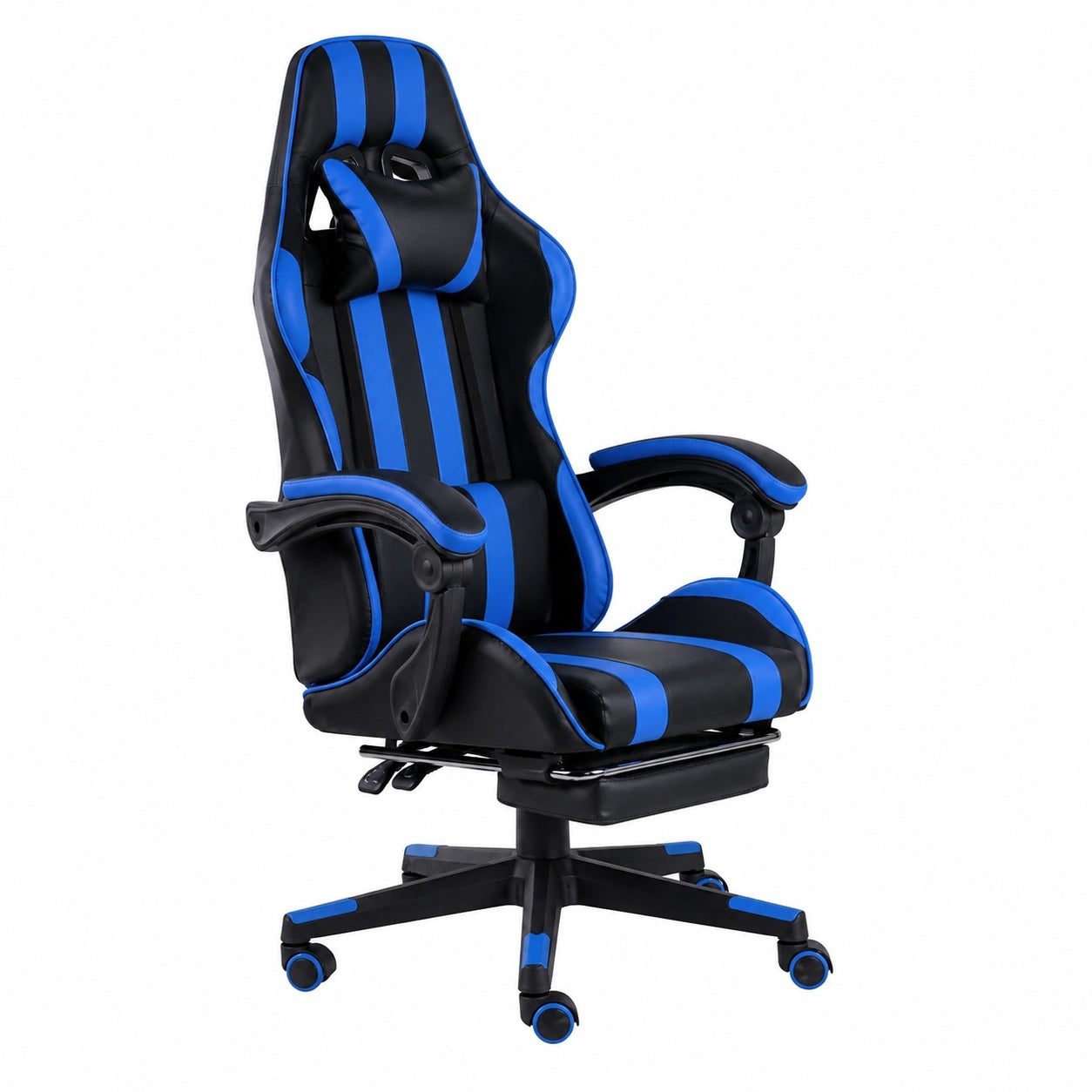 Poltrona gaming ergonomica in ecopelle con poggiapiedi, regolabile e girevole, con supporto lombare e cervicale, blu/nero