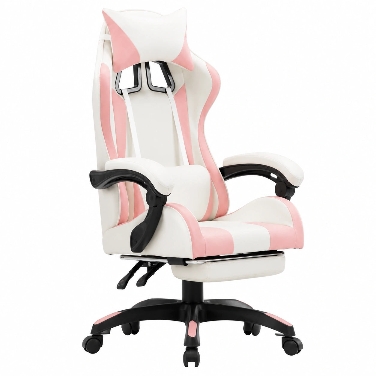Sedia da Gaming Rosa e Bianco con Poggiapiedi, Regolabile in Altezza, Rivestimento in Ecopelle, Supporto Lombare e Braccioli