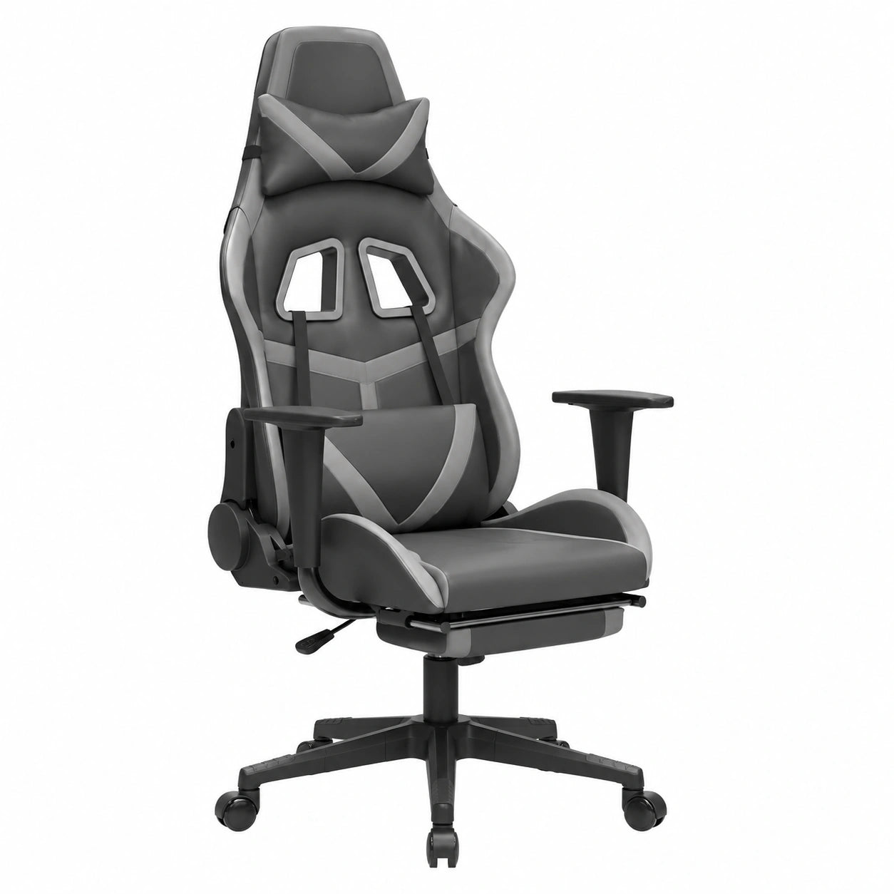 Sedia da Gaming Ergonomica in Similpelle Nero e Grigio con Poggiapiedi, Schienale Reclinabile e Altezza Regolabile, Base Girevole con Rotelle