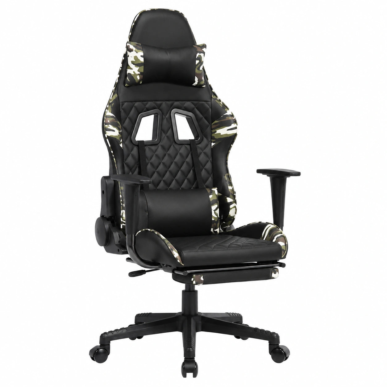 Sedia da gaming ergonomica reclinabile in ecopelle camo nero con poggiapiedi massaggiante e braccioli regolabili