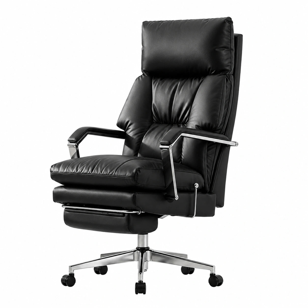 Sedia Direzionale Ergonomica in Pelle con Poggiapiedi e Schienale Reclinabile a 160°, Girevole con Ruote, Nero