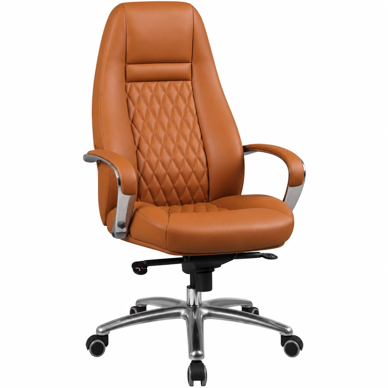 Poltrona Ufficio Ergonomica in Vera Pelle Caramello con Braccioli e Ruote