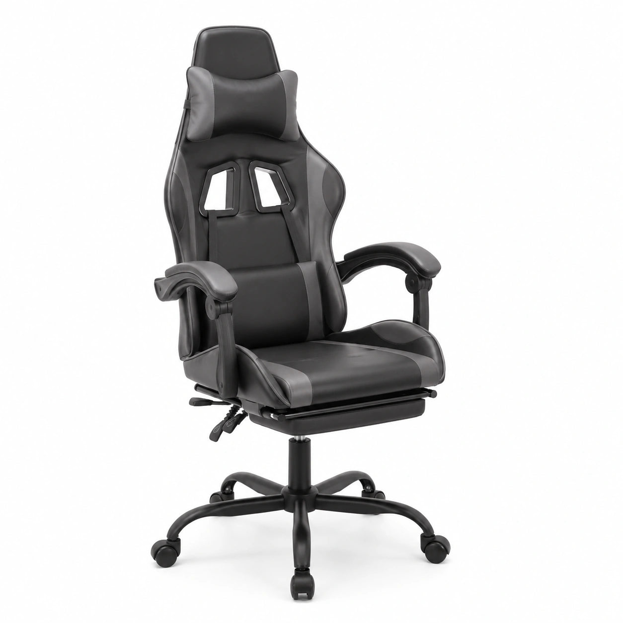 Poltrona da Gaming Ergonomica in Ecopelle, Nera e Grigia, con Poggiapiedi, Altezza Regolabile e Ruote